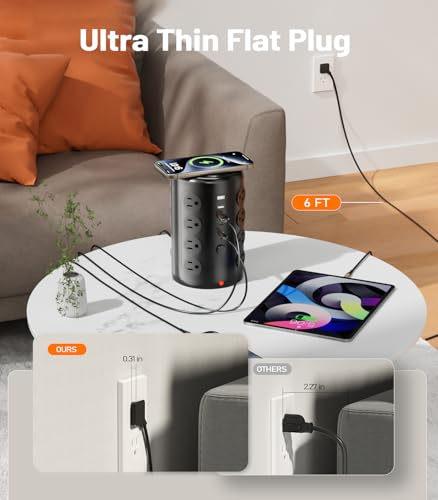 Image of Power Strip Tower, TenTrend 16 Outlets and 5 USB Ports (2 USB-C), 2000 Joules Charging Station, 6FT Flat Plug Extension Cord for Home Office Dorm Room Essentials, Black