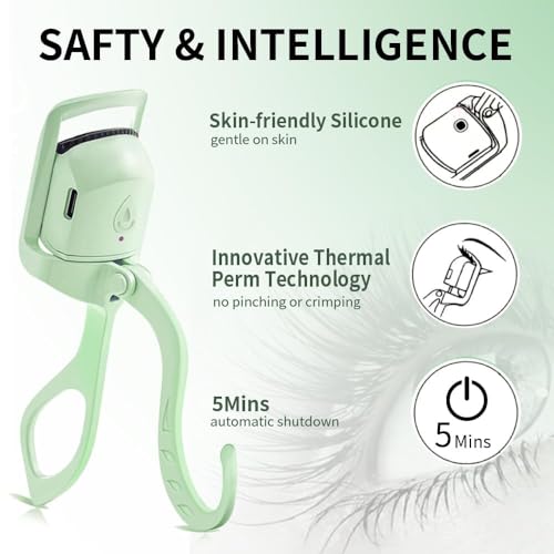 Heated Eyelash Curler, Fast 5s Heat up, 24 Hours Long Lasting, Rechargeable Electric Lash Curler, Temperature Control, Safe Anti-Burn Eye Lash Curler, Quick Natural Curling Lashes (Green) - Thumbnail 3