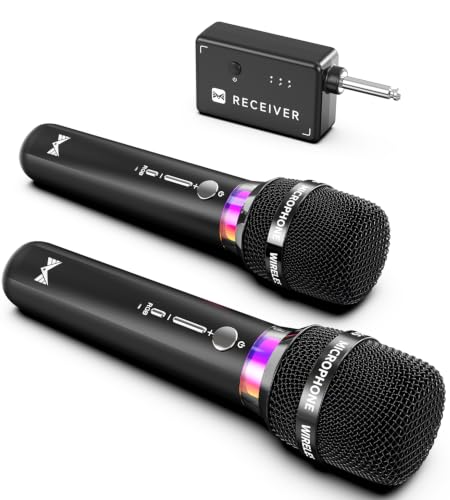 Microphone Wireless Rechargeable Dual Wireless Microphones with One-to-One Chip Connection and LED Lights 40H Duration 200FT Range Receiving Less Latency Karaoke Microphones for Singing