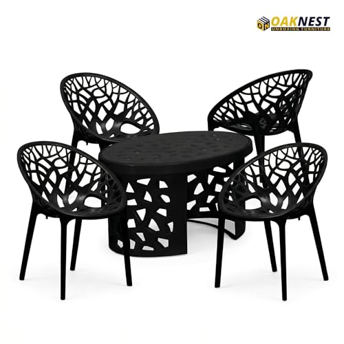 Image of Oaknest Neelakamal Crystal Plastic Chair and Table Set of 4+1 | Modern Cut-Out Design Indoor & Outdoor Furniture for Balcony, Garden, Patio, and Living Room | Iron Black
