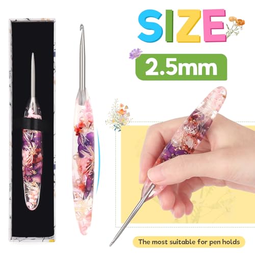 Image of Katech 2.5mm Crochet Hook for Arthritic Hands,Hand-Polished Stainless Steel | Ergonomic Crochet Hooks with Customized Sparkle Dried Floral Grip, Smooth Tapered Hook-Crochet Gift for Beginner & Crocheter