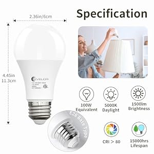 evelor 6-Packs A19 LED Light Bulbs, 100 Watt Equivalent Daylight 5000K Bright Bulbs Efficient 13W, 1500 Lumens E26 Base, Non-Dimmable, 15000-Hour Lifespan for Bedroom, Living Room, Office — photo 2 of 6