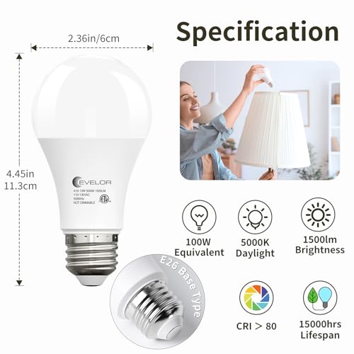 evelor A19 LED Light Bulbs,100 Watt Equivalent,5000K Daylight,4-Packs - image 2