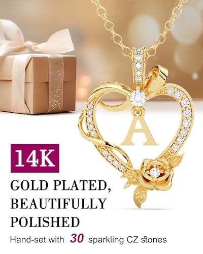 Initial Heart Necklace Gift for Women – 14K Gold Plated Rose Pendant, Personalized Letter Jewelry for Wife, Mom, Grandma, Sister – Birthday, Anniversary for Her4