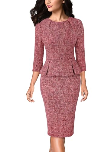 Image of VFSHOW Womens Pleated Crew Neck Peplum Slim Work Business Dress Elegant 3 /4 Sleeves Office Church Bodycon Pencil Sheath Dress