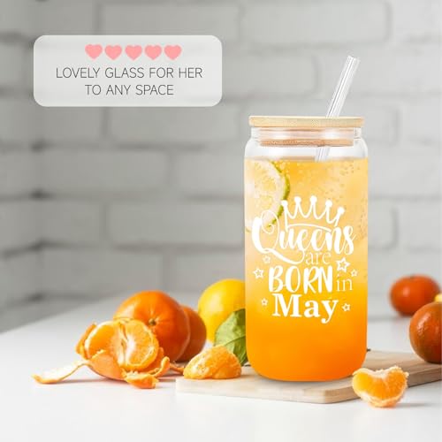 Birthday Gifts for Women, Funny Happy Birthday Glass Cup Tumbler for her, Girlfriend, Friends, Wife, Mom, Bestie, Daughter, Sister, 18oz Unique Can Glass with Straw & Lid, Queens are Born in May - Image 6