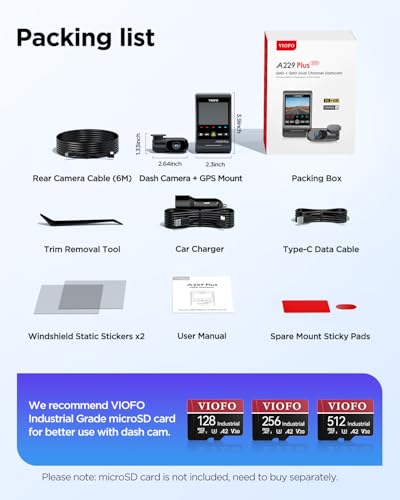 VIOFO A229 Plus Dash Cam Front and Rear, Dual STARVIS 2 Sensors, 2 Channel HDR, 1440P+1440P Voice Control Car Dash Camera, 5GHz Wi-Fi, Ultra-Precise GPS, 24 Hours Parking Mode, Support 512GB Max