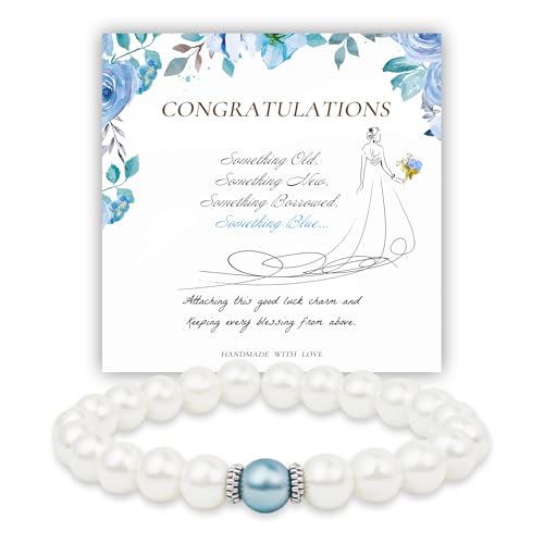 Something Blue Gift for Bride, Bridal Shower Gifts for Bride to be White Pearl Bracelet Anniversary Gifts for Wife with Meaningful Card as Bride Gifts Bridal Party Gifts Wedding Accessories Jewelry