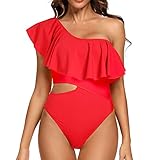 Dixperfect Women's One Piece Swimsuits One Shoulder Ruffle Monokini Bathing Suit Cut Out Side Padded