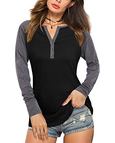 STYLEWORD Womens Long Sleeve Henley Raglan T Shirts V Neck Button Casual Blouse Tops(Black-555,M)