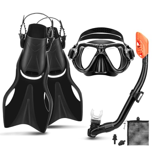 CTSAYTL Snorkeling Gear for Kids Ages 6-14, Kids Mask Fins Snorkel Set with Panoramic View Anti Fog Mask, Dry Top Snorkel, Trek Fins and Travel Bag, Dry Top Snorkel Set for Youth Boys Girls Junior