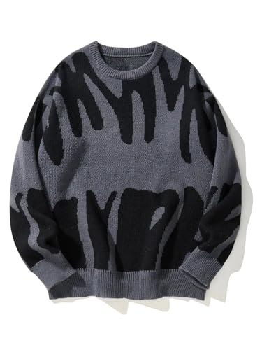 Men's Printed Knit Pullover - Winter Irregular Pattern Sweater, Contrast Crew Neck Casual Top2