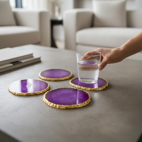 Image of Natural Agate Stone Tea Coasters Set | Premium Stone Coasters for Tea, Coffee & Glass | Heat Resistant Coasters for Dining Table, Office Desk & Home Decor | Pack of 4 | Color -Purple