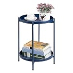 HollyHOME Outdoor Side Table Metal End Table Small Round Coffee Table Balcony & Patio Table 2-Tier Tray Nightstand for Living Room Bedroom, Dark Blue