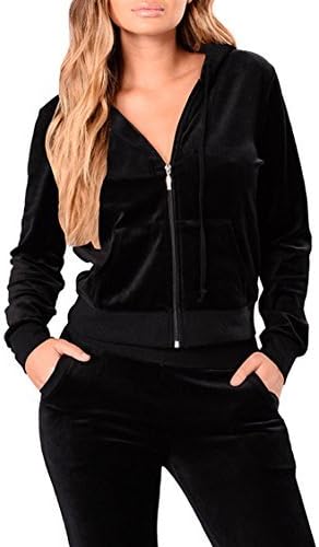 Linsery Women's Long Sleeve Velvet Zip Up Jacket + Pants 2 Piece Sweatsuits (2XL=US-XL, Black)