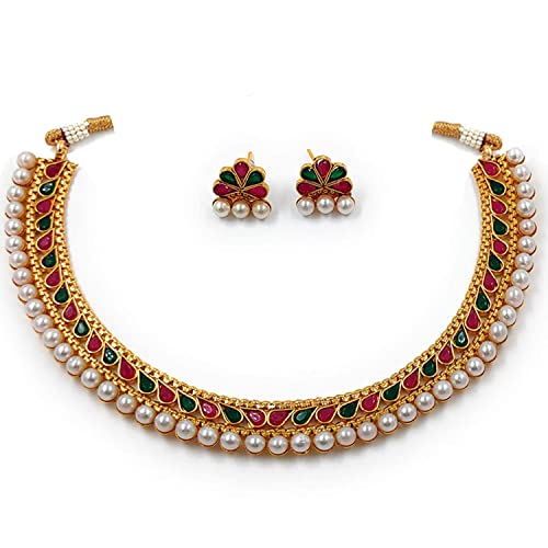 Aheli Ethnic Faux Kundan Pearl Fancy Bridal Choker Necklace Indian Traditional Bollywood Jewelry Set with Earrings Gift for Women