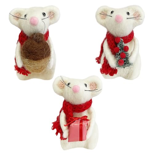 Christmas Decorations Vintage Handmade Felted Wool Mouse - White Christmas Ornaments Felted Animals - Xmas Tree Decoration Set of 3 Mice Chirstmas Decor for Tree Indoor (Rat)