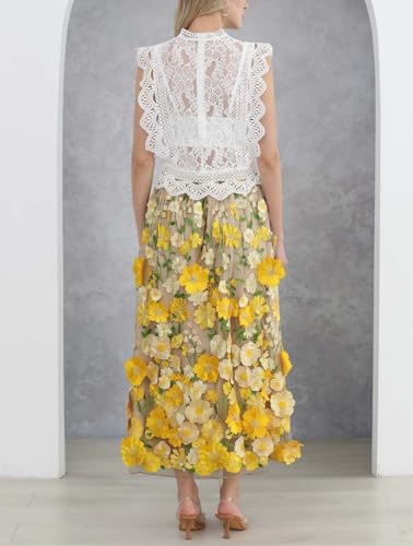 Women's Elegant 3D Floral Embroidery Maxi Skirt A Line Floral Applique Swing Midi Skirt Elastic High Waist Mesh Party Dress4
