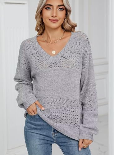 Image of JOCAFIYE Womens Sweaters Casual Long Sleeve V Neck Lightweight Hollow Out Pullover Sweater Tops