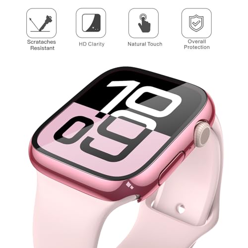 Image of Misxi 2 Pack Tempered Glass Case Compatible for Apple Watch Series 11 (2025) Series 10 42mm, Hard PC Screen Protector Overall Protection Scratch-Resistant Cover for iWatch, 1 Rose Pink + 1 Transparent