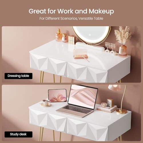 EUGAD White Dressing Table with Velvet Pink Stool 360° Swiveling Mirror Set with 3 3D Effect Drawers the Makeup Bedroom Desk Dresser Set Legs - Image 8