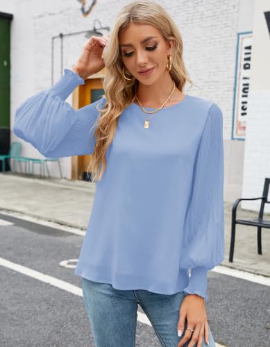 Image of Aifer Womens Tops Dressy Casual Long Sleeve Shirts Chiffon Blouses | Sheer Pleated Lantern Sleeves, Crew Neck, Back Keyhole, Versatile, Ideal for Office Workwear, Daily Outfits, Party Looks