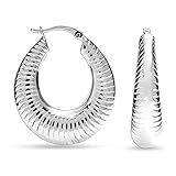 Picture of LeCalla Sterling Silver Shrimp Oval Hoop Earrings Medium Oval Chunky Puffy Hoops Earring Jewelry for Women - 32mm