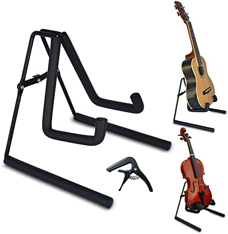 Speedee Music Foldable Ukulele Stand with Capo - Lightweight, Metal Body, Padded Arms, Anti-Slippery Base - A-Frame Stand for Ukulele, Mini Guitar, Banjo, Mandolin, Violin, Black