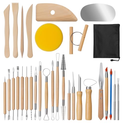 Amrules Clay Tools Kit, 31 PCS Pottery Tools, Practical Polymer Clay Sculpting Tools Kit, Air Dry Clay Tools Set for Beginner, Adults, Pottery Craft, Carving, Drawing, Molding, Modeling, Shaping