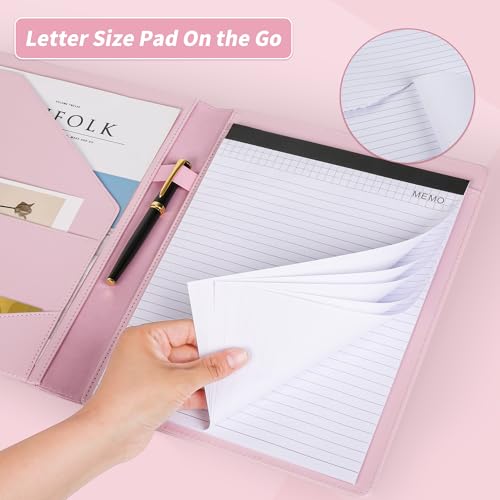 Image of Pacific Mailer Padfolio Portfolio Leather Binder, Interview Legal Document Organizer, Business Card Holder Included Letter Sized Writing Pad [Pink, Piano Noir Faux Leather Matte Finish]