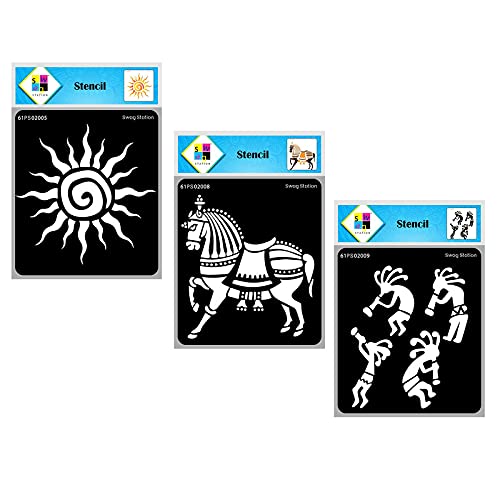 SWAGSTATION Folk Art Stencil Combo, Pack of 3 Reusable Painting Templates (6 x 6 Inch) with Sun, Kokopelli and Indian Horse Designs for Wood Painting, Canvas Art, Wall Decor and Craft Projects