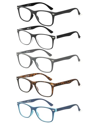 JM 5 Pack Reading Glasse Men with Spring Hinges, Square Blue Light Blocking Computer Readers Anti Eyestrain +3.50