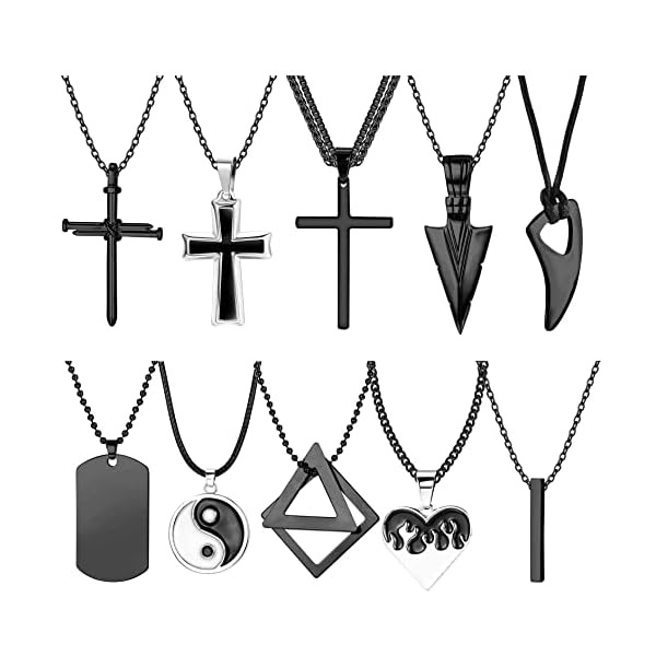 SAILIMUE 10 Pcs Stainless Steel Necklace for Men Black Dog Tags Bar Nail Pendant Spearpoint Arrowhead Viking Cross Chain Set Cool Men Jewelry 22 Inch