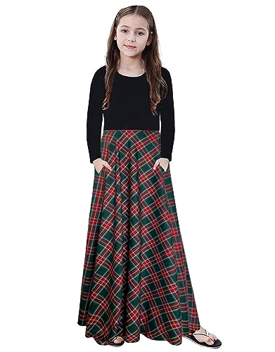 Image of KYMIDY Girl Maxi Dress Kids Casual Buffalo Check Plaid Long Sleeve Dresses with Pockets(6-14yrs)