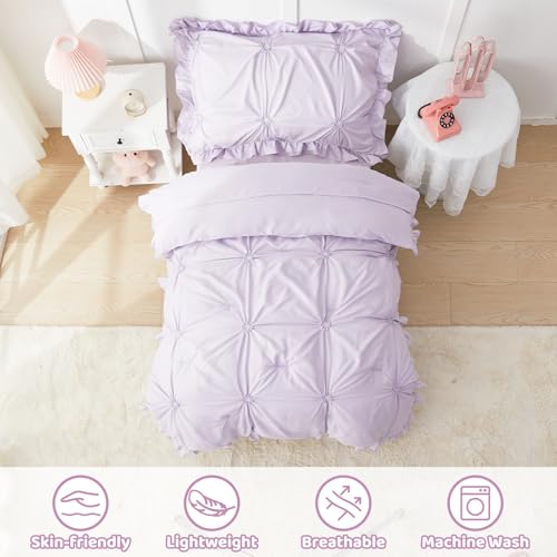 Image of Princess Toddler Bedding Set for Girls, 4 Piece Ruffles Jacquard Embroidery Toddler Bed Sheets with Boho Toddler Comforter, Fitted Sheet, Flat Sheet and Pillowcase, Purple