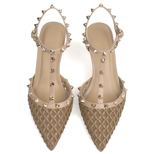 Image of XINIUNIU Studded Heels for Women Kitten Heels with Studs Stiletto Sandals with Rivet Ankle Strap Patent Leather Pointy Toe 2.5 Inch Party Daily Wear Evening Sandals