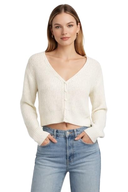 nobarr Women's Knitted Crop Cardigan Sweater | 100% Acrylic | V-Neck | Button Front | Full Sleeves | White-picture-13