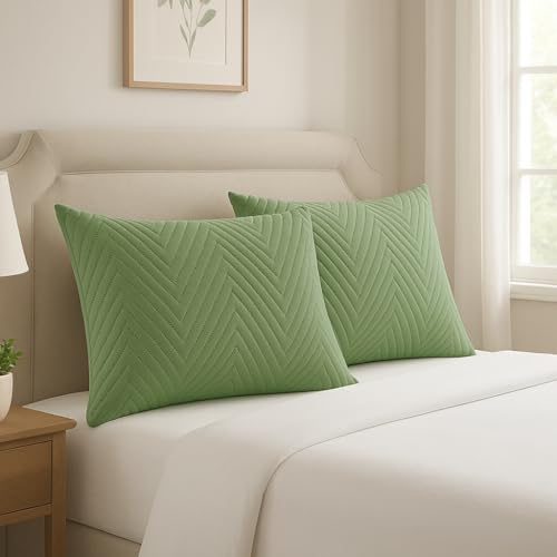 Image of RD TREND Pillow Covers Set of 2 | Quilted Cotton | Soft, Cooling & Breathable | Skin & Hair Friendly | Hidden Zipper Pillowcases | Standard Size 18x28 Inches | Pine Green