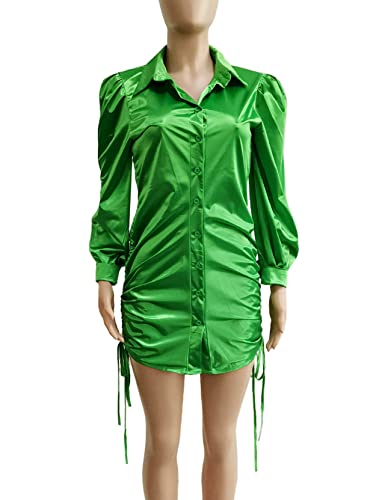 Alllife Plus Size Satin Button Up Shirt Birthday Dress For Women Sexy Long Sleeve Drawstring Cocktail Dresses Green Xl #TOP3