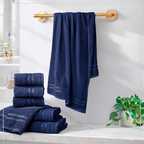 Image of 100% Cotton Terry Ultrasoft and Quick Absorbent 380 GSM Solid 6 pcs. Quick Dry Bath Towel Set for Bathroom or Gifting Towel Set (Navy Blue)