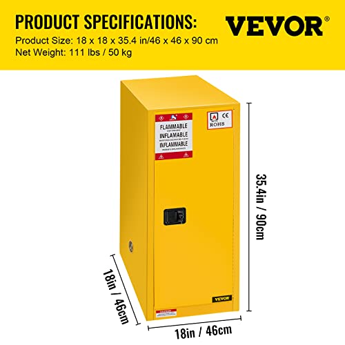 Vevor Flammable Safety Cabinet, Galvanized Steel, Dimensions (H X W X D): 18 X 18 X 35.4 Inch (46 X 46 X 90 Cm), 16 Gallon #TOP6