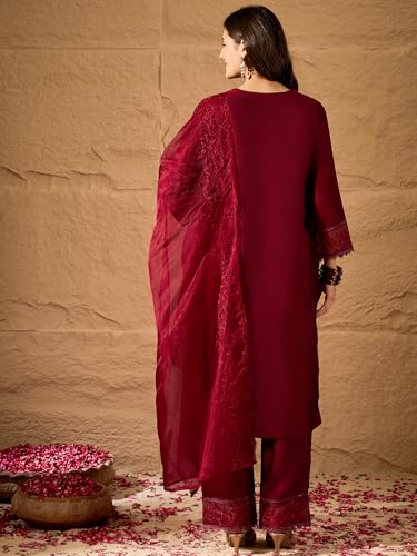 Image of FABIAN FASHION Women's Maroon Straight Kurta Palazzo Pant with Organza Dupatta Set Festive Ethnic Wear(ES 2537)