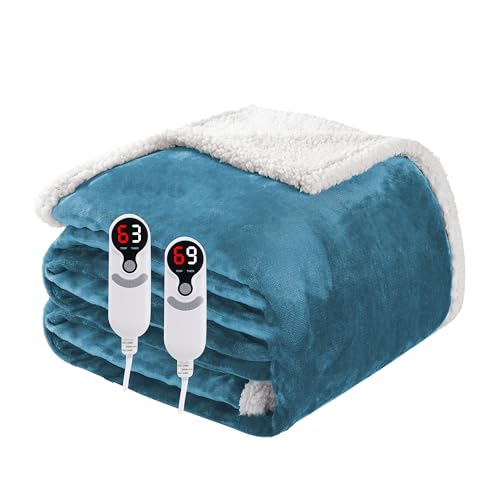 Electric Heated Blanket Queen Size 84x90 Soft Flannel with Dual Controllers & Overheat Protection 9 Adjustable Heat Settings & 10-Hour Auto-Off Timer Fast Heating for Bedroom & Bed Blue