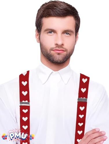 PMU Valentine’s Day Heart Suspenders Adjustable Suspender Set for Adults, Boys and Girls Y Back Clip Suspenders for Outfit Photography (Red) Pkg/14