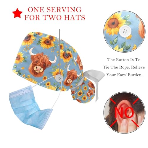 Image of 2 PCS Bouffant Cap with Button Ponytail Pouch Working Cap Sweatband Adjustable Surgical Cap Black and White Cow
