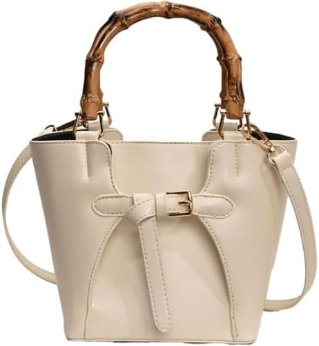 Women's Genuine Leather Bucket Bag, Bamboo Handle Crossbody Purse...
