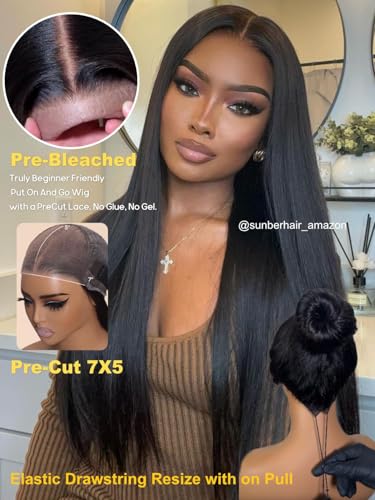 Image of Sunber Yaki Straight Human Hair Wig with Drawstring Bye Bye Knots Pre Cut 7x5 Lace Front Glueless Yaki Wig 180% Density Upgrade 3D Cap Put On Go Pre Plucked with Baby Hair Pre Bleached Knots 22Inch