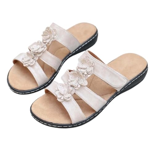 2025 women's floral decoration sliding into sandals, comfortable and elegant summer beach, daily slippers, comfortable arch support(Beige,6.5)