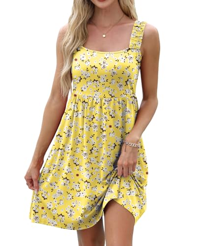 TIANZHU Summer Dresses for Women UK Sleeveless A-Line Mini Dress with Flowy Peplum Detail, Yellow Floral, S