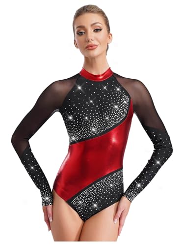 MSemis Leotardos Mujer Maillot Gimnasia Rítmica de Manga Larga de Malla con Pedrería Brillante Metálico Maillot de Danza Ballet Competición Rendimiento Negro y rojo S